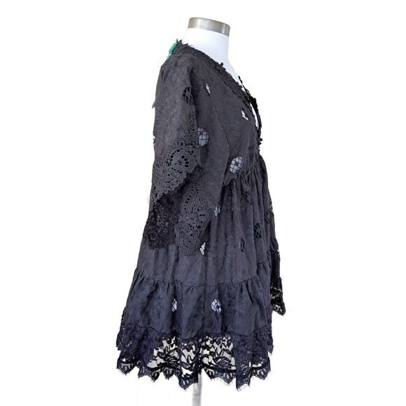 NEW Antica Sartoria Black Embroidered Lace Babydoll Mini Dress O/S Beachy Boho - Picture 4 of 12